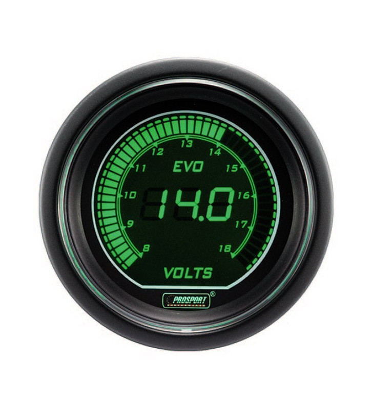 Manomètre Digital Pro-Sport Voltmètre  52mm 8 à 18Volts Vert/Blanc